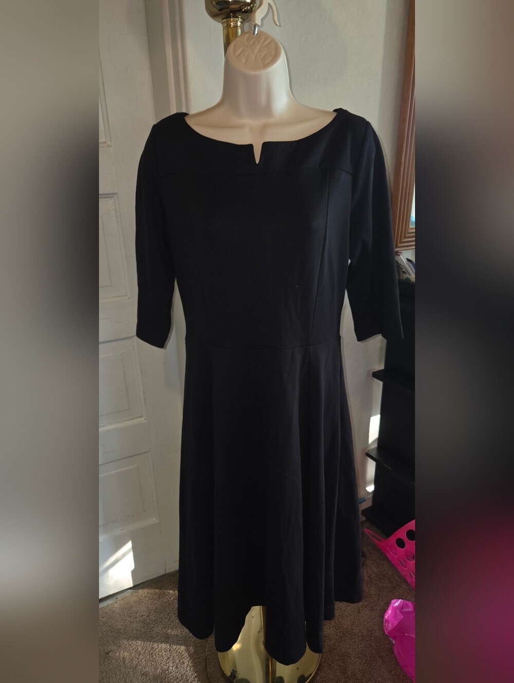 Women’s Black Boatneck Midi Dress with Three-Quarter Sleeves - Picture 2 of 11